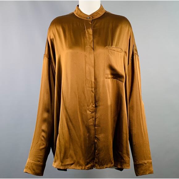 HAIDER ACKERMANN Size S Brown Silk Satin Nehru Collar Hidden Buttons Shirt - Picture 1 of 9